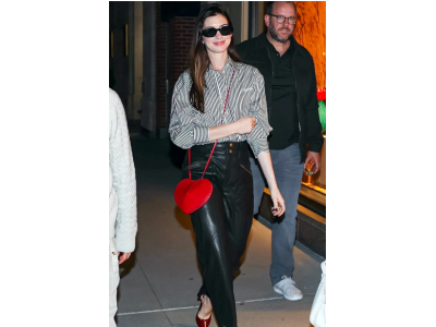 Anne Hathaway in Gucci burgundy shoes, the new classic look for fall 2024.