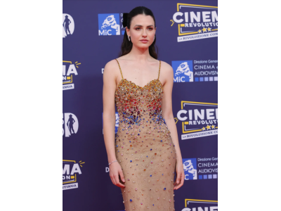 Romana Maggiora Vergano shines at David di Donatello 2025 in a spectacular sheer gown studded with colorful Giorgio Armani Privé crystals.