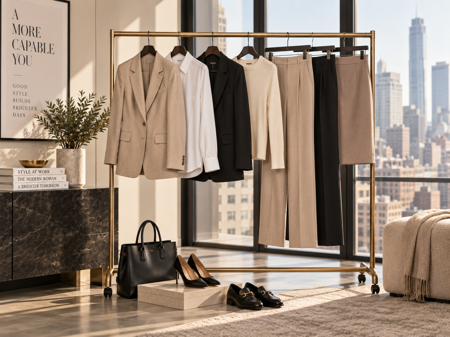 Neutral capsule wardrobe with blazers, trousers, skirt, shoes and handbag