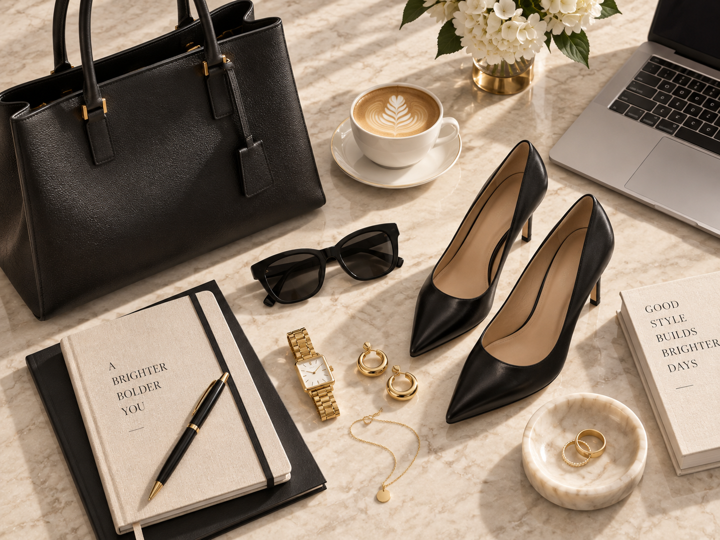 Office style accessories including handbag, heels, jewellery and notebook