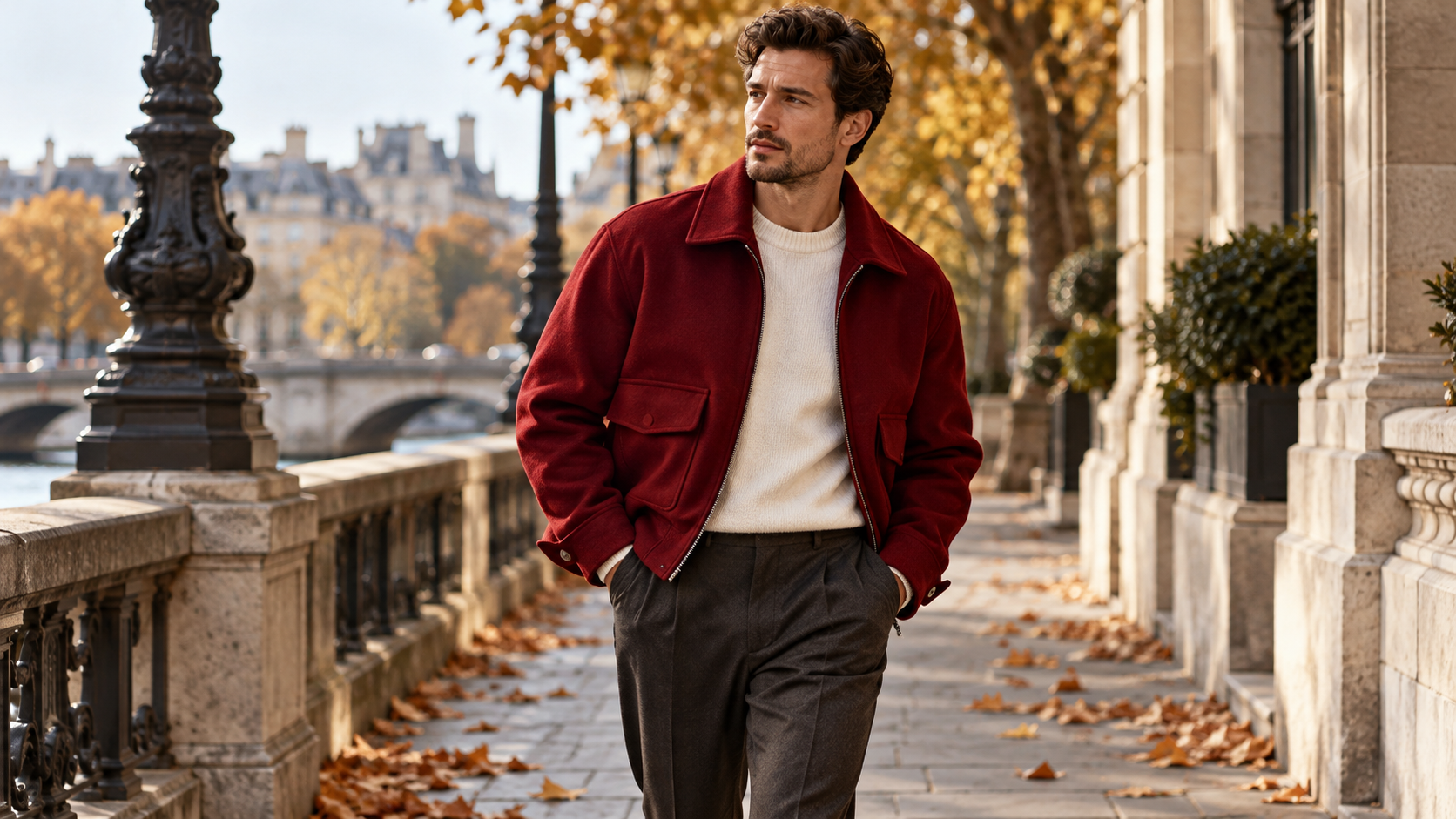 Red men's jacket in a modern autumn 2026 outfit