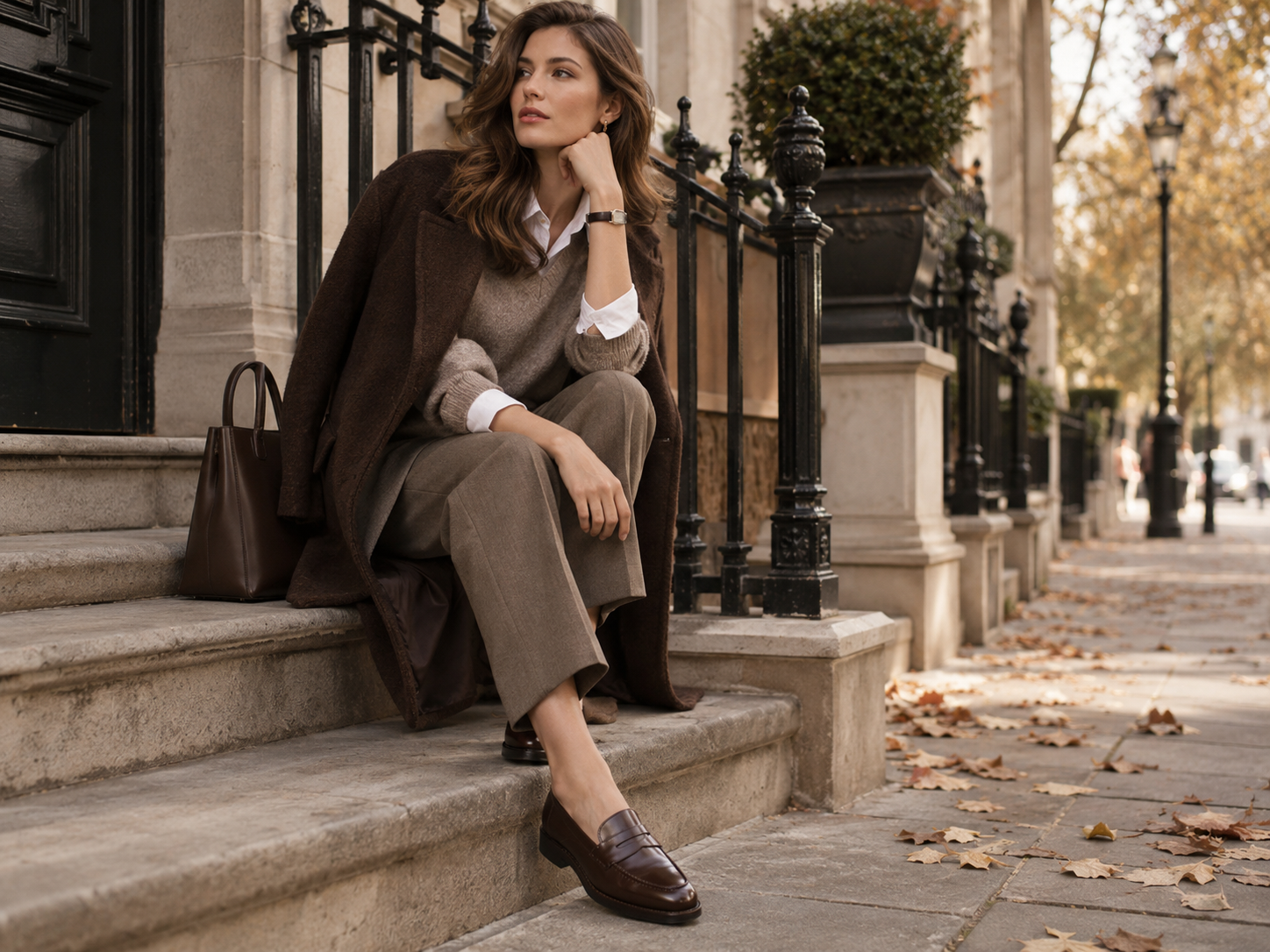 Autumn womens outfit with brown loafers trousers knitwear and a long coat