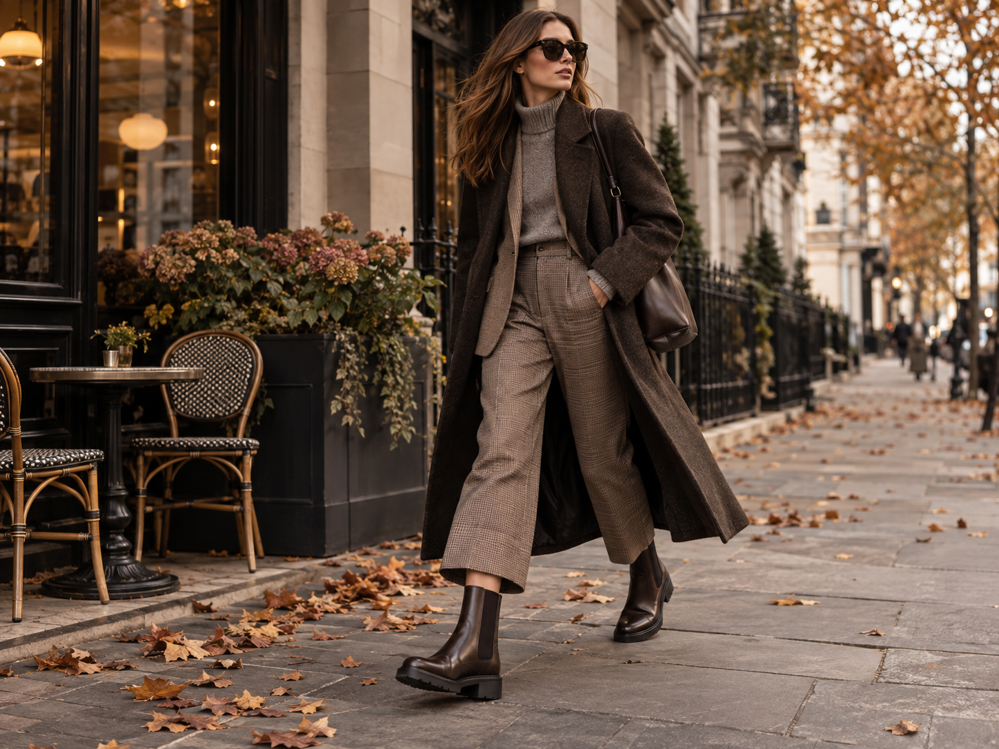 Autumn city outfit with brown Chelsea ankle boots coat knitwear and wide trousers