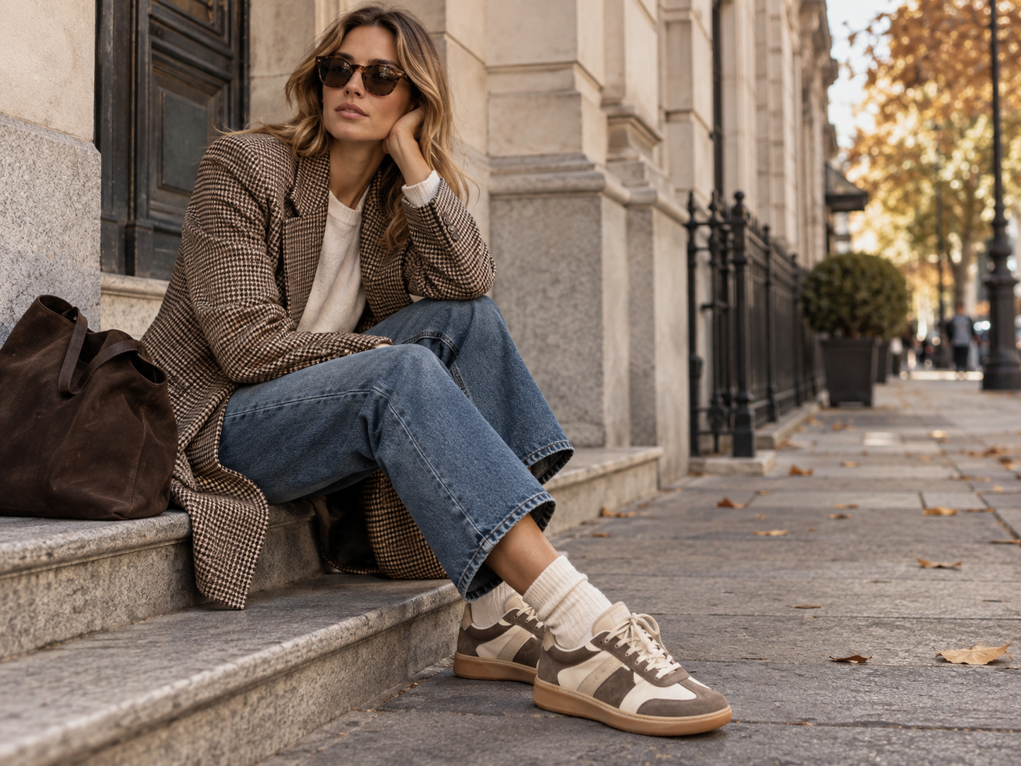 Casual autumn outfit with retro trainers wide jeans blazer and large bag