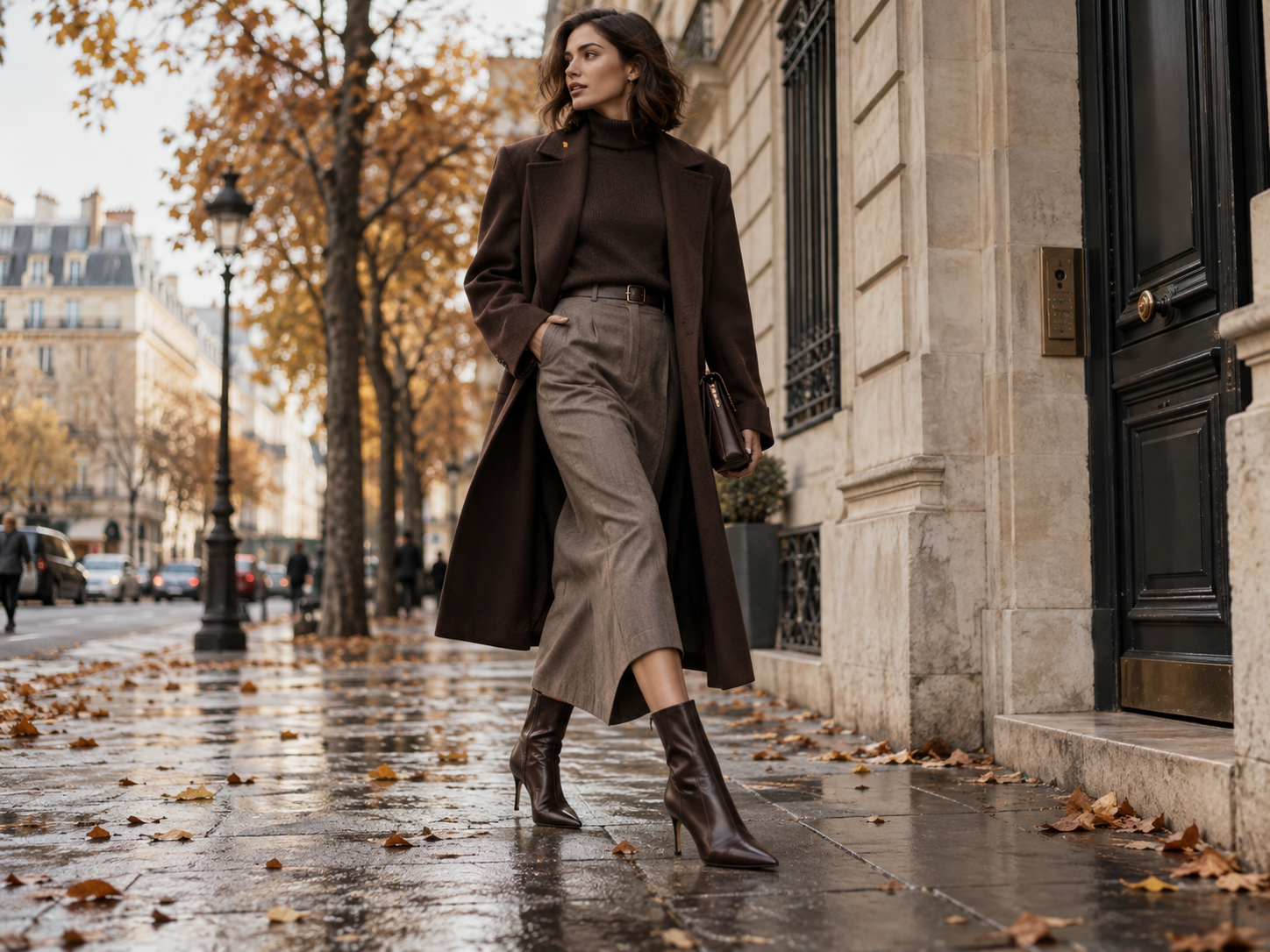 Womens autumn outfit with pointed brown ankle boots long coat and midi skirt