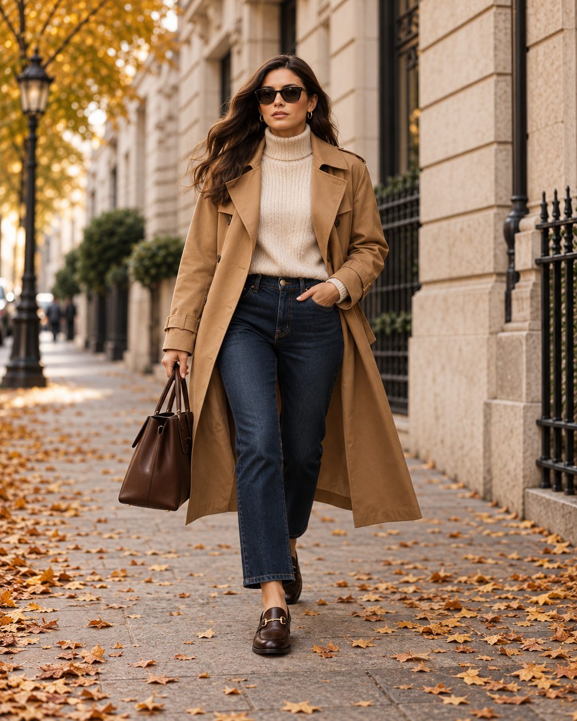 Women's autumn outfit with trench coat knitwear jeans and loafers