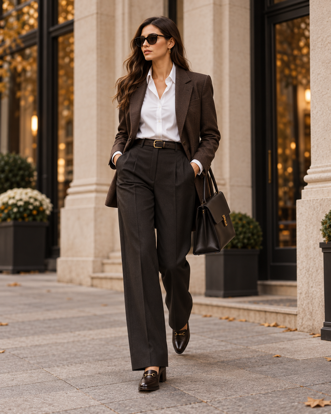 Smart autumn outfit with brown blazer white shirt and tailored trousers
