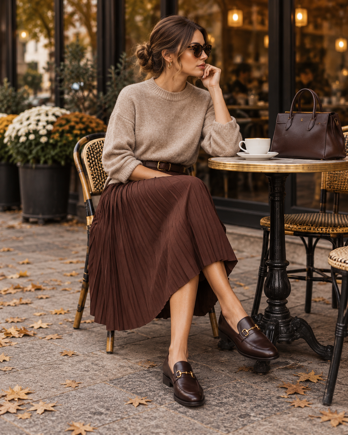 Women's autumn outfit with knit jumper brown midi skirt and loafers