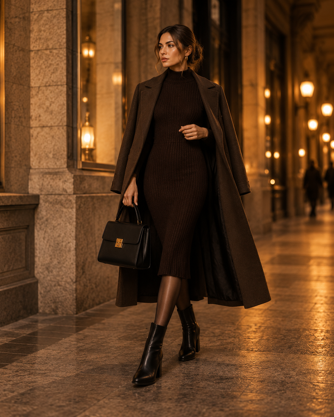 Elegant autumn outfit with dark knitted midi dress long coat and black ankle boots