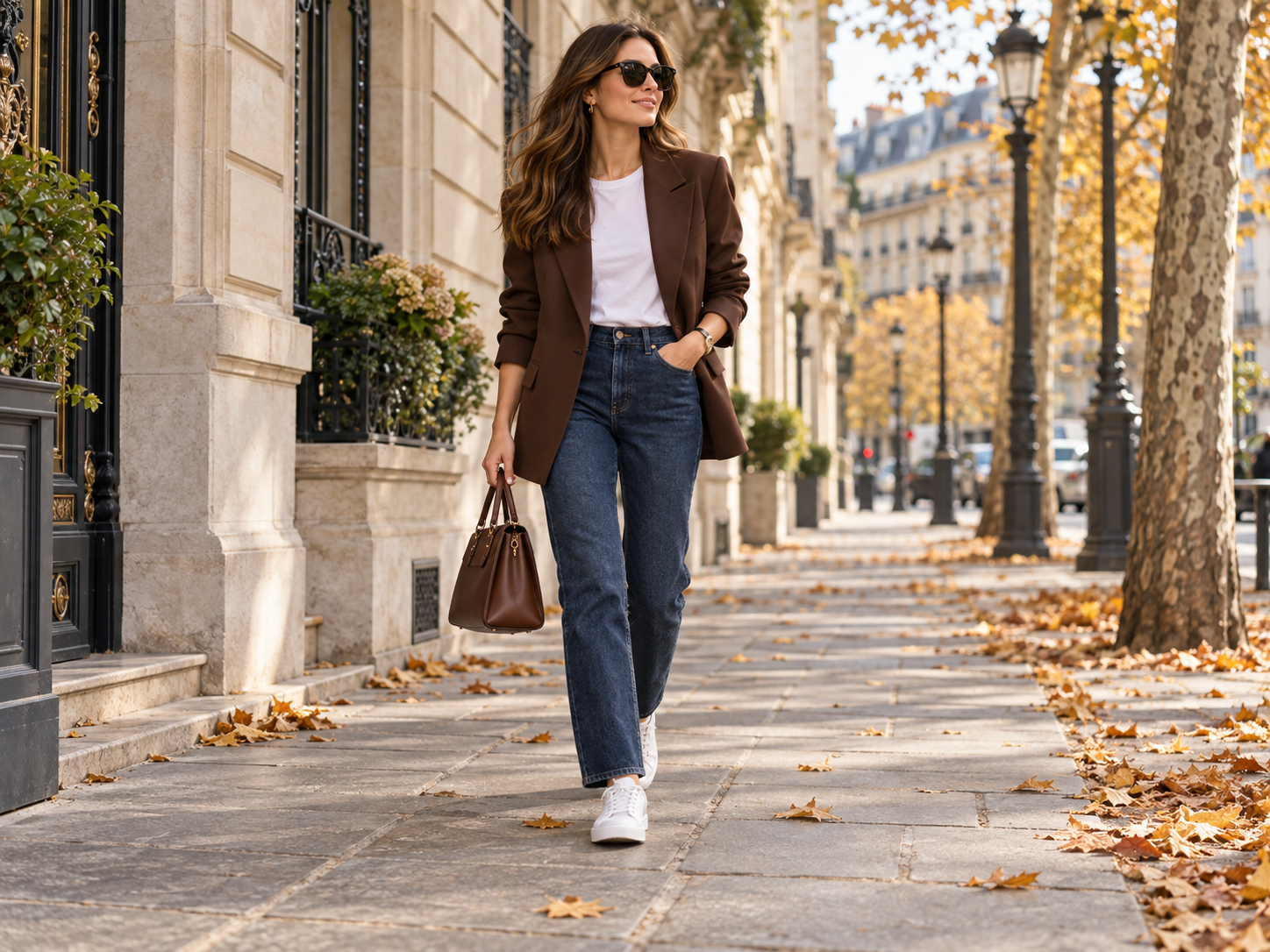 Brown and denim – modern autumn outfit Brown blazer with a white T-shirt and blue jeans in a modern autumn outfit