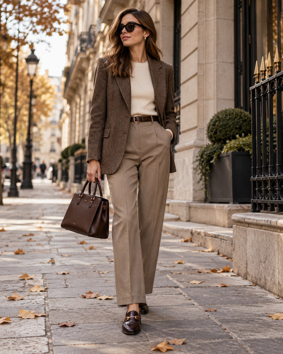 Elegant autumn office outfit with brown blazer tailored trousers loafers and structured handbag