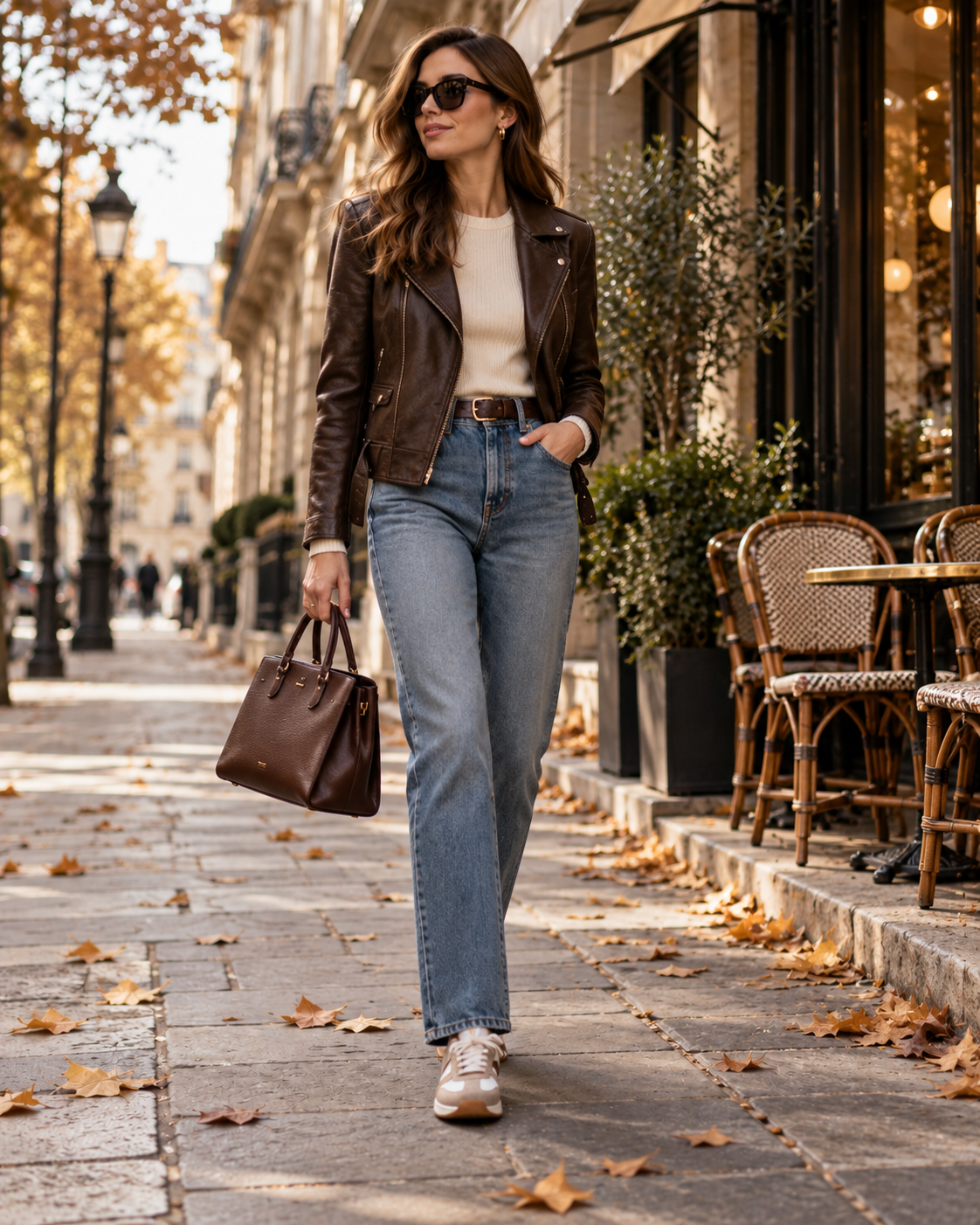 Feminine autumn outfit with brown midi skirt pale knitwear ballet flats and small shoulder bag