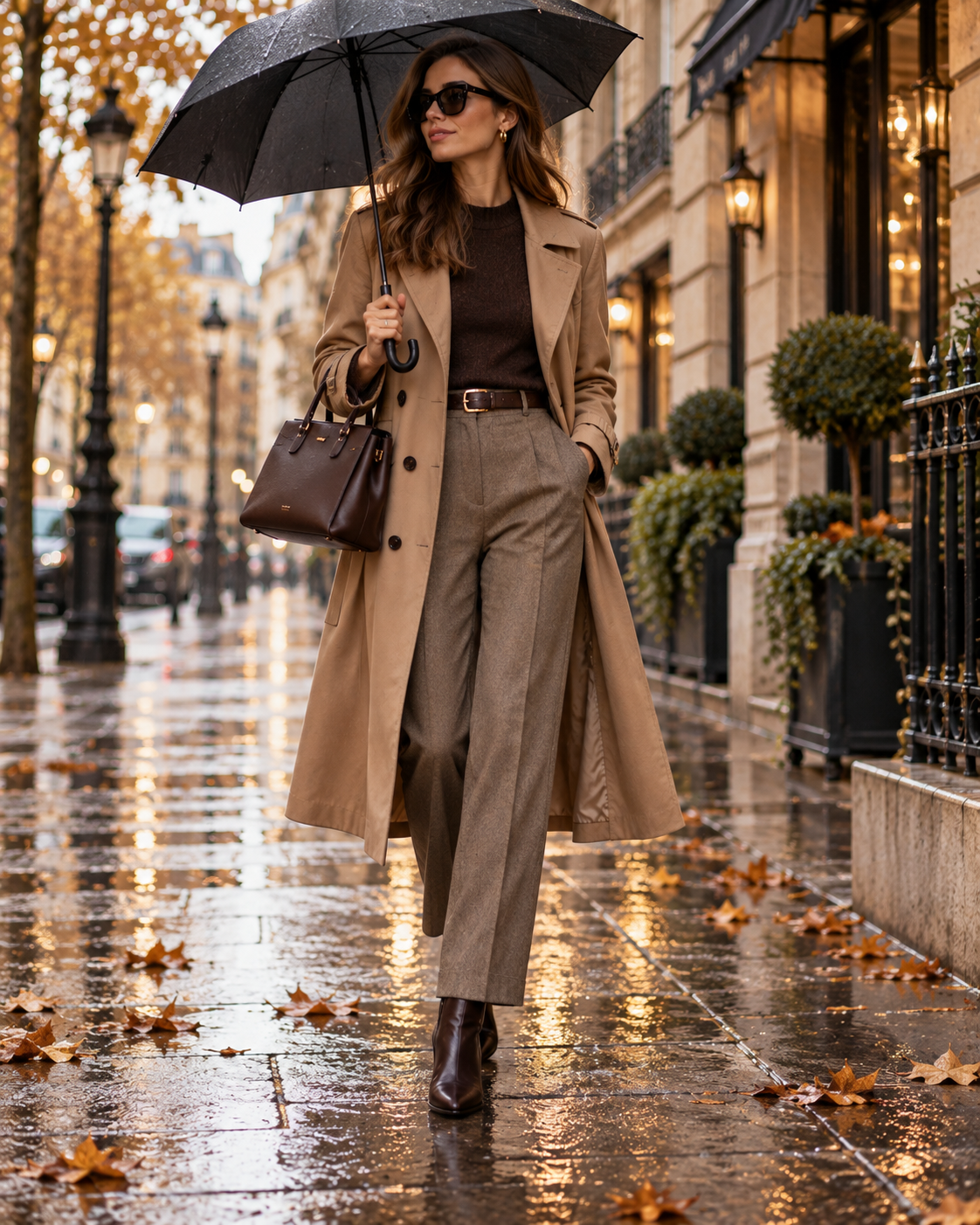 Smart rainy day autumn outfit with trench coat tailored trousers ankle boots handbag and umbrella