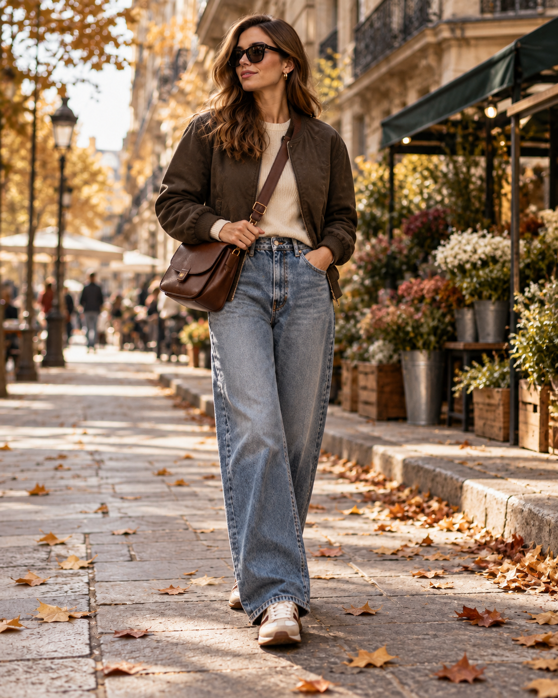 Relaxed weekend autumn outfit with brown bomber jacket wide jeans knitwear retro trainers and shoulder bag