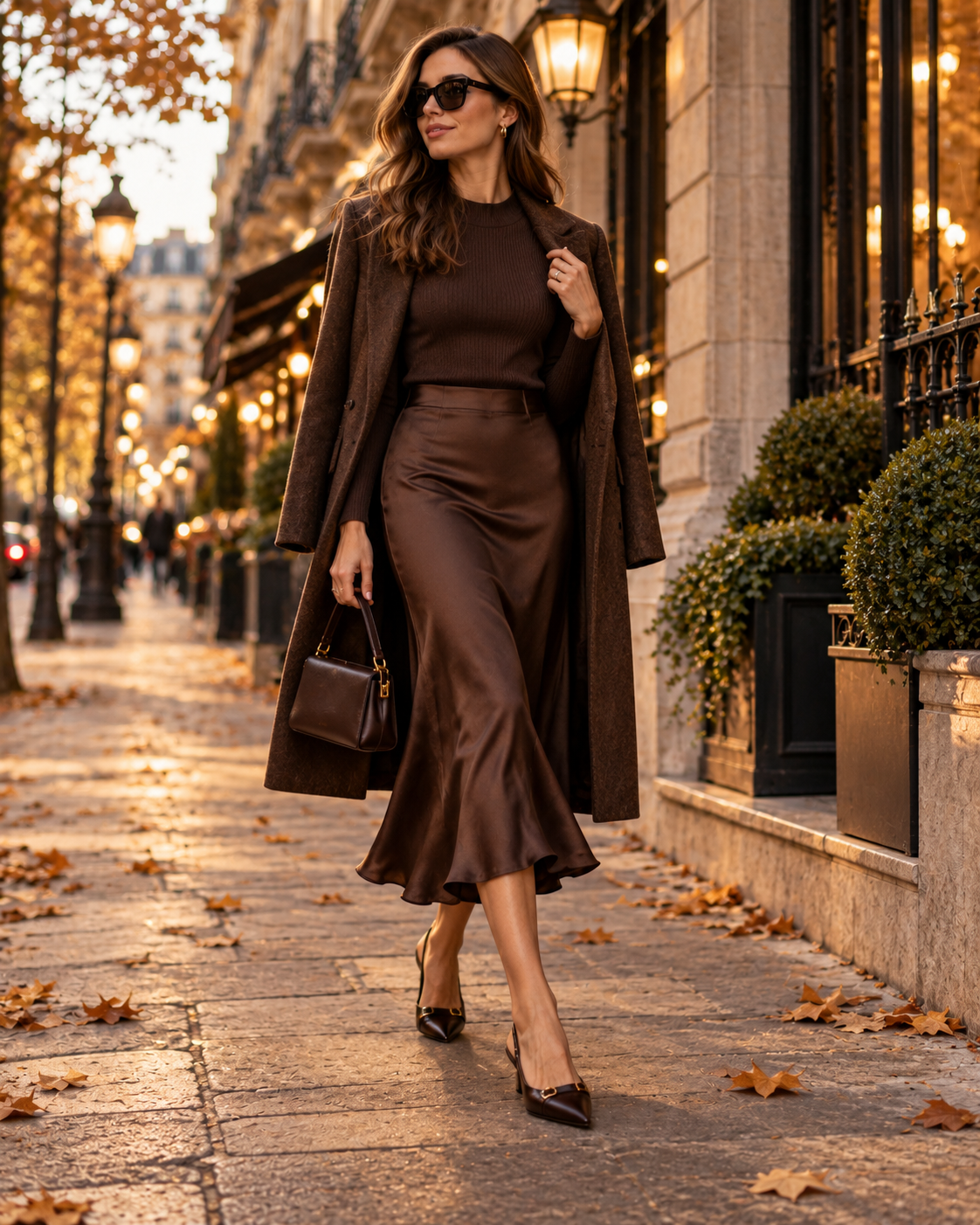 Elegant autumn evening outfit in chocolate tones with midi skirt blazer low heels and small handbag