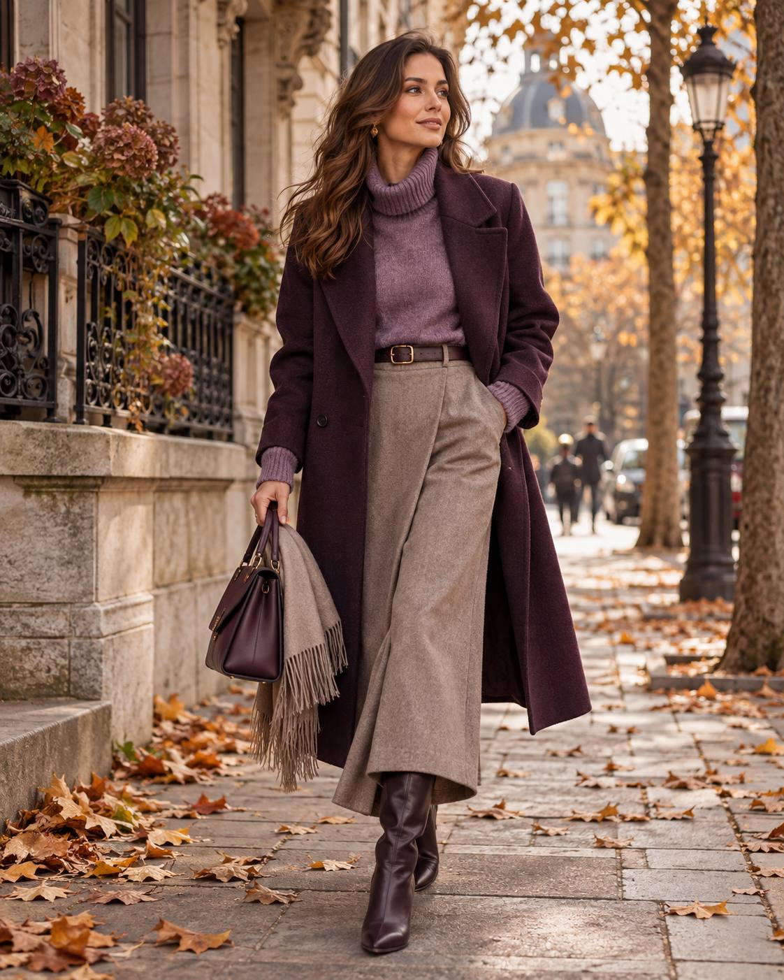 Purple and grey women's outfit for autumn 2026