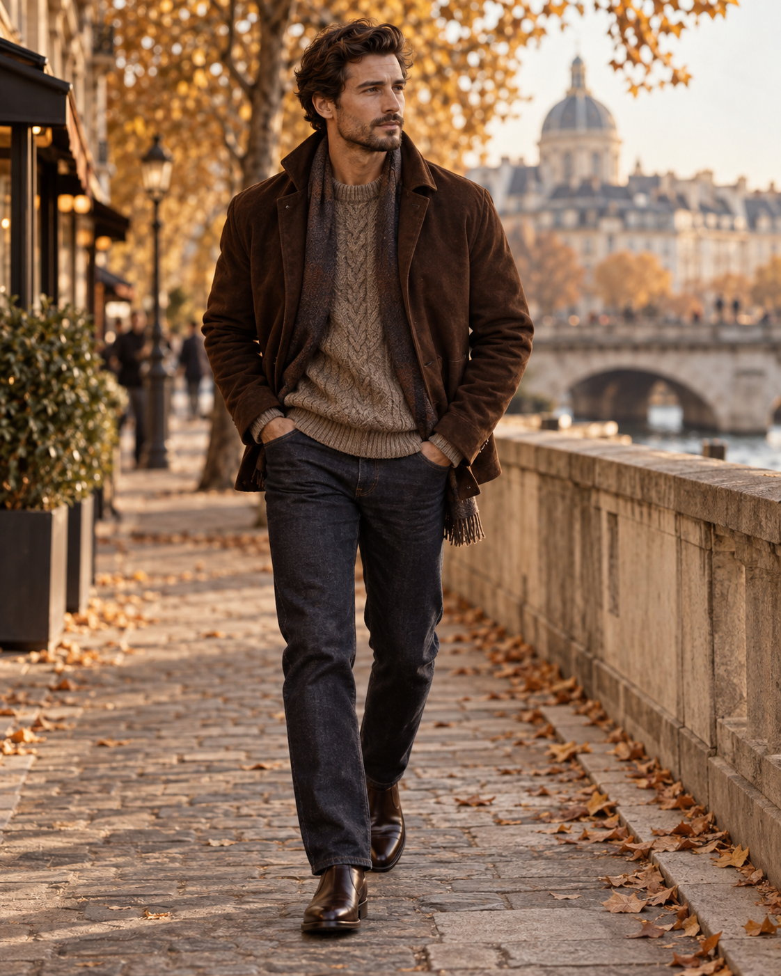 Men's autumn outfit with brown jacket jumper dark jeans and leather shoes