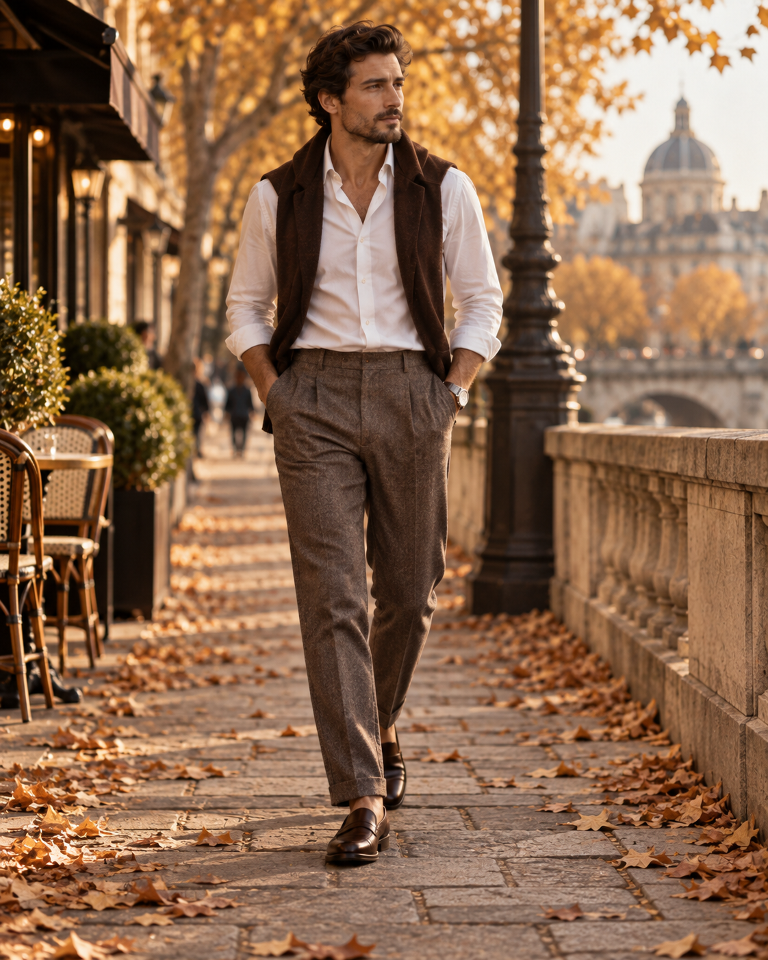 Men's autumn outfit with white shirt relaxed trousers and brown loafers