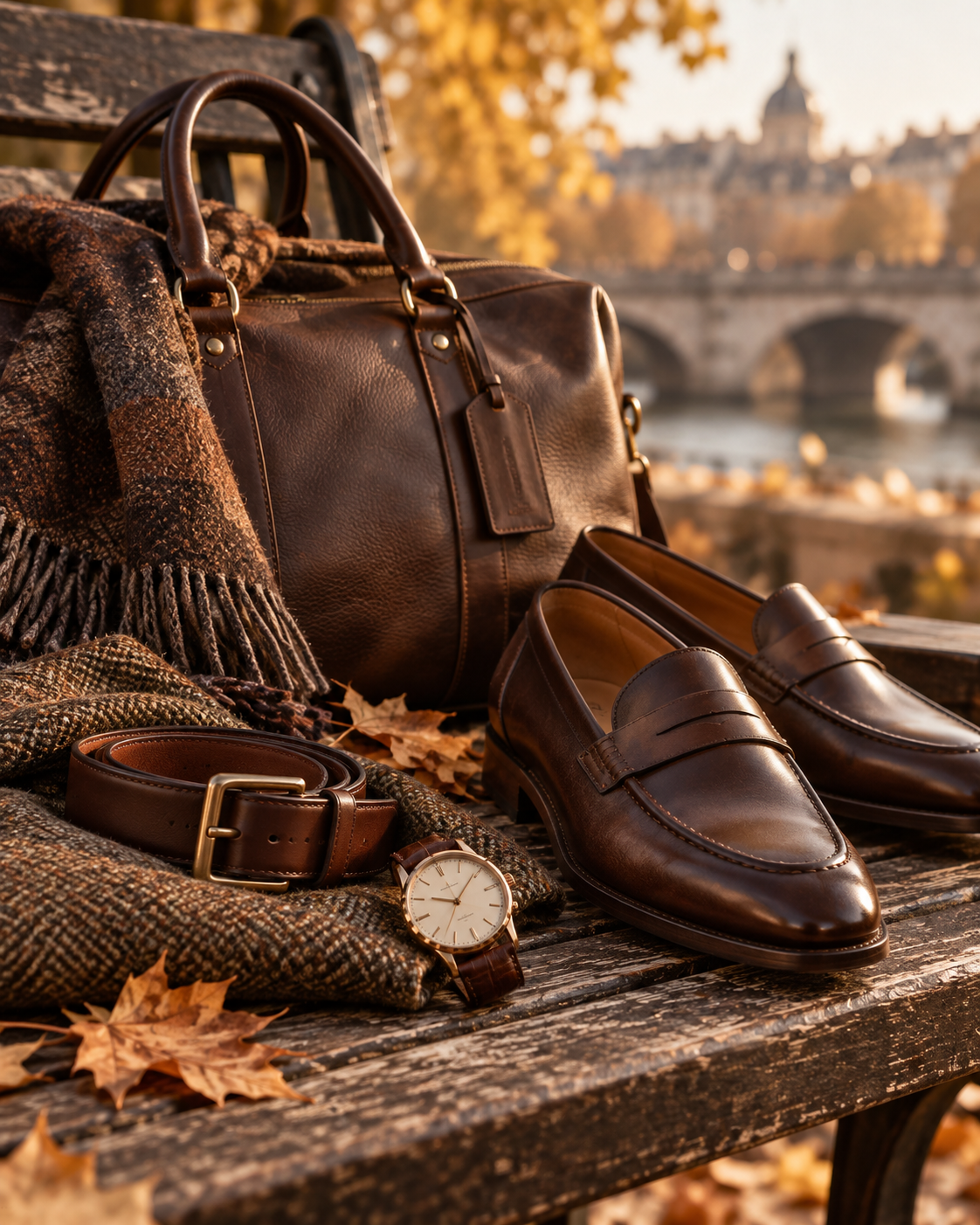 Men's autumn accessories with leather bag belt watch scarf and loafers