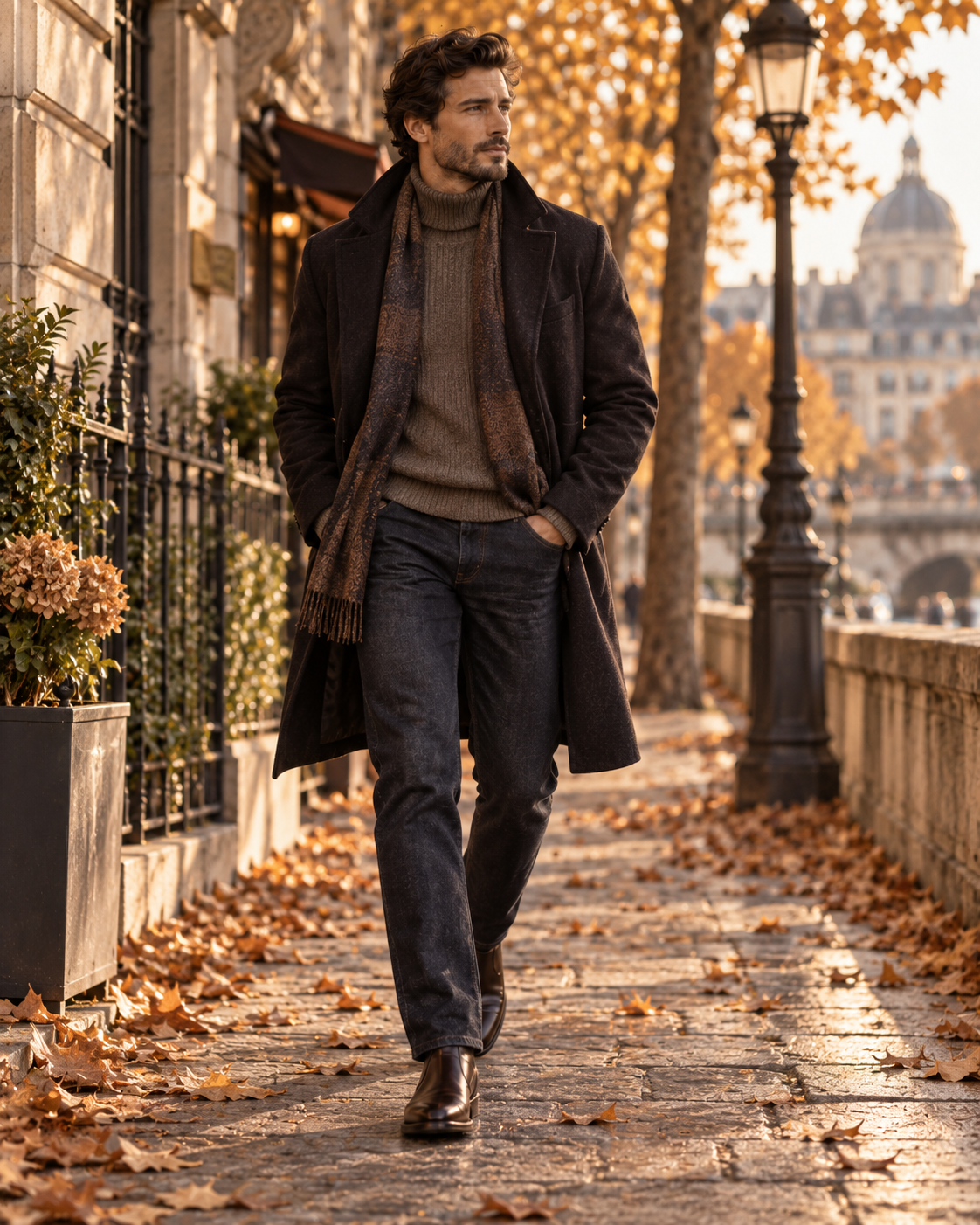 Men's autumn outfit with long coat jumper jeans and Chelsea boots