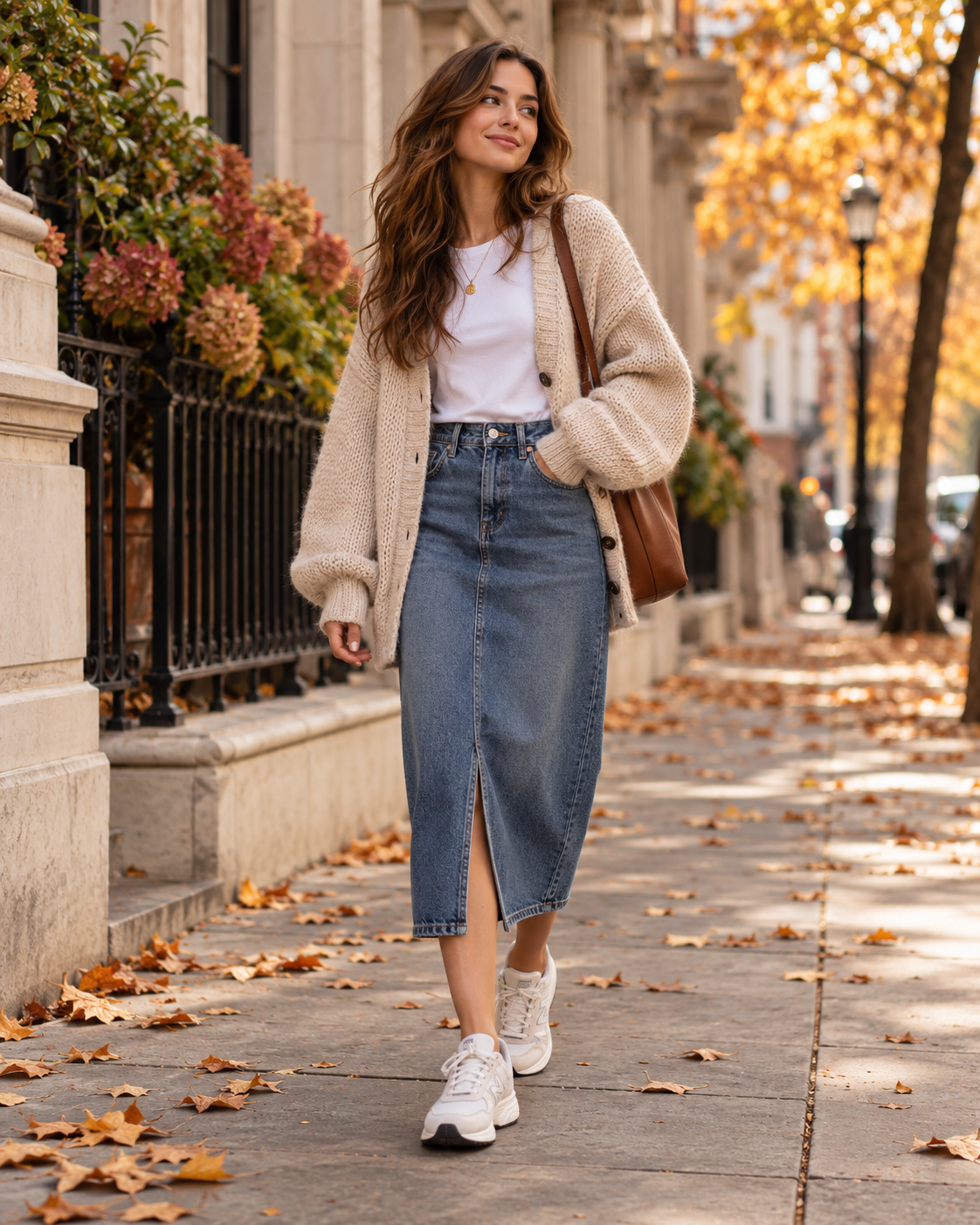 Denim midi skirt with white T-shirt, knitted cardigan, trainers and women's bag